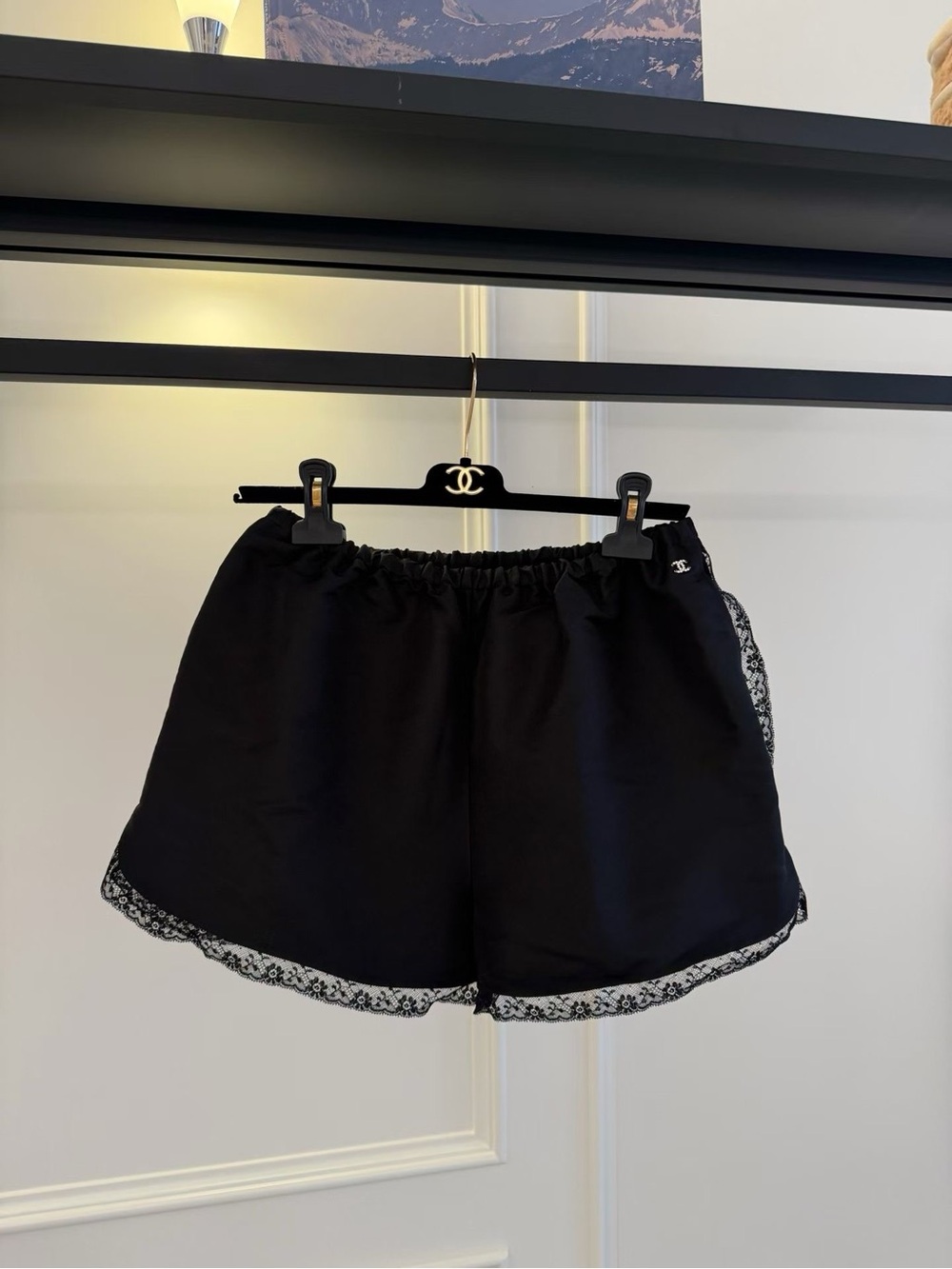 CHANEL Black High-Waist Lace-Trim Shorts